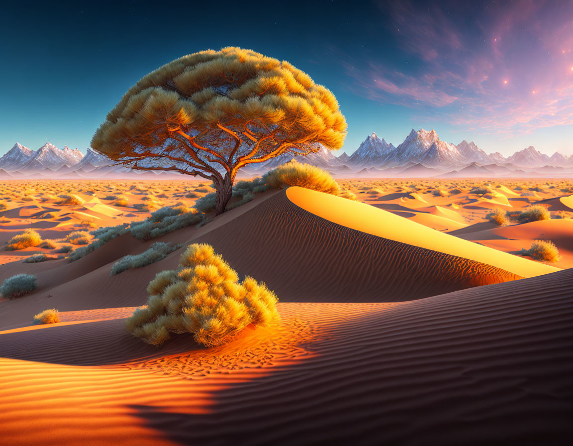 Vibrant desert landscape with lone tree on sand dune under twilight sky