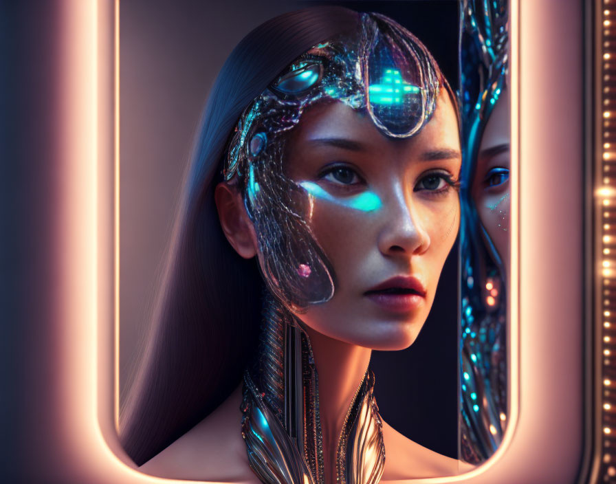 Futuristic woman with cybernetic enhancements and neon lights.