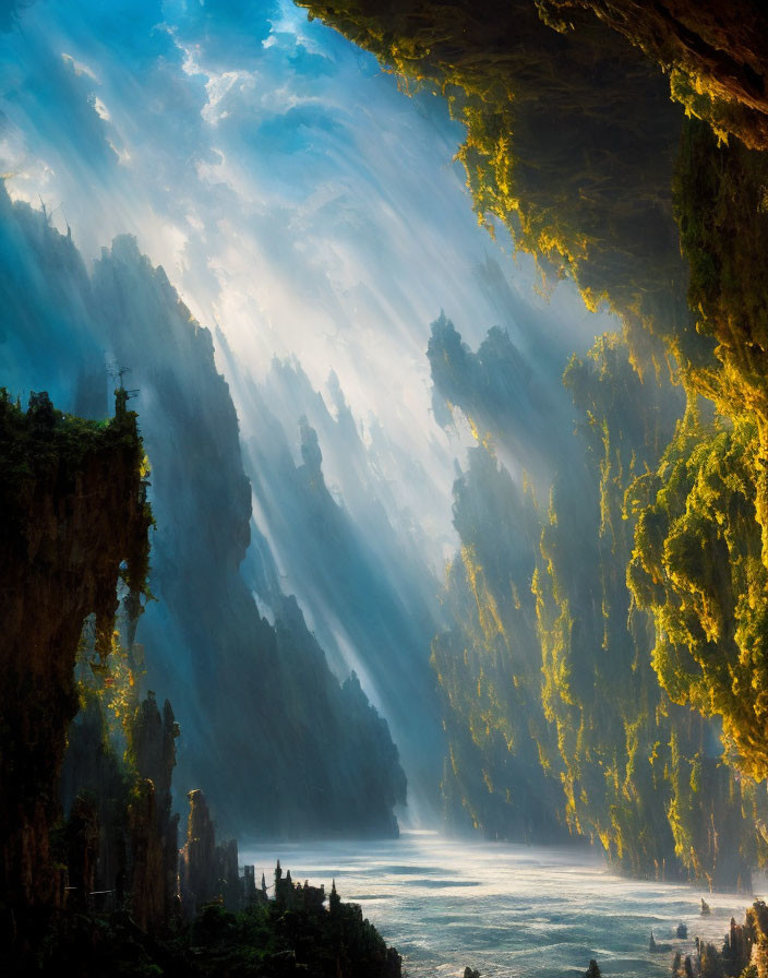 Forest cave opening to serene water body with sunlight beams on green cliffs