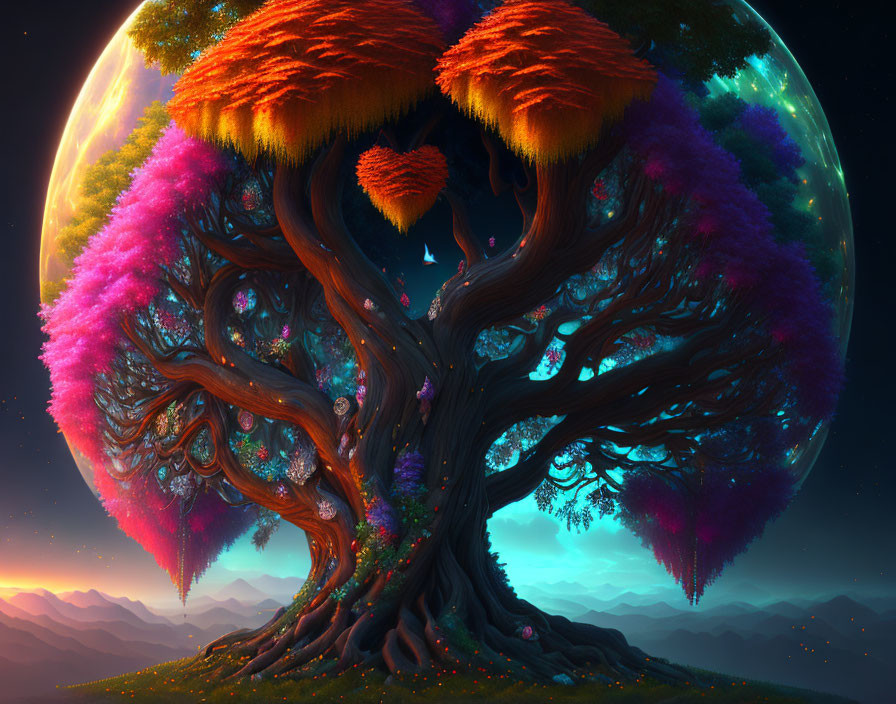 Fantasy tree with heart-shaped foliage under large moon