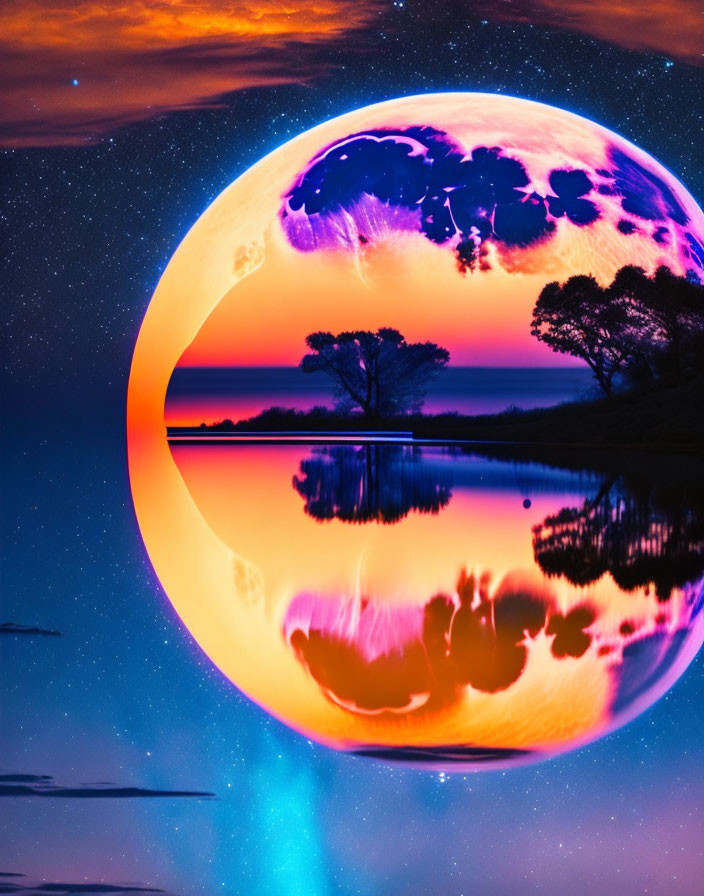 Colorful digital artwork: surreal landscape with large planet, calm lake, reflective trees, starry sky