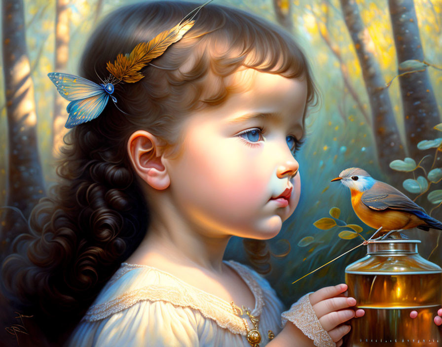 Curly-haired girl with bird and butterfly in nature's golden light