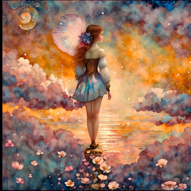 Fantasy artwork: Winged girl on pedestal in cloudy sky.