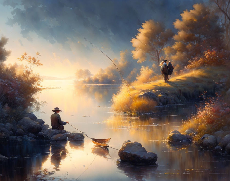 Tranquil lake scene with fishing person, rowboat, and autumn trees