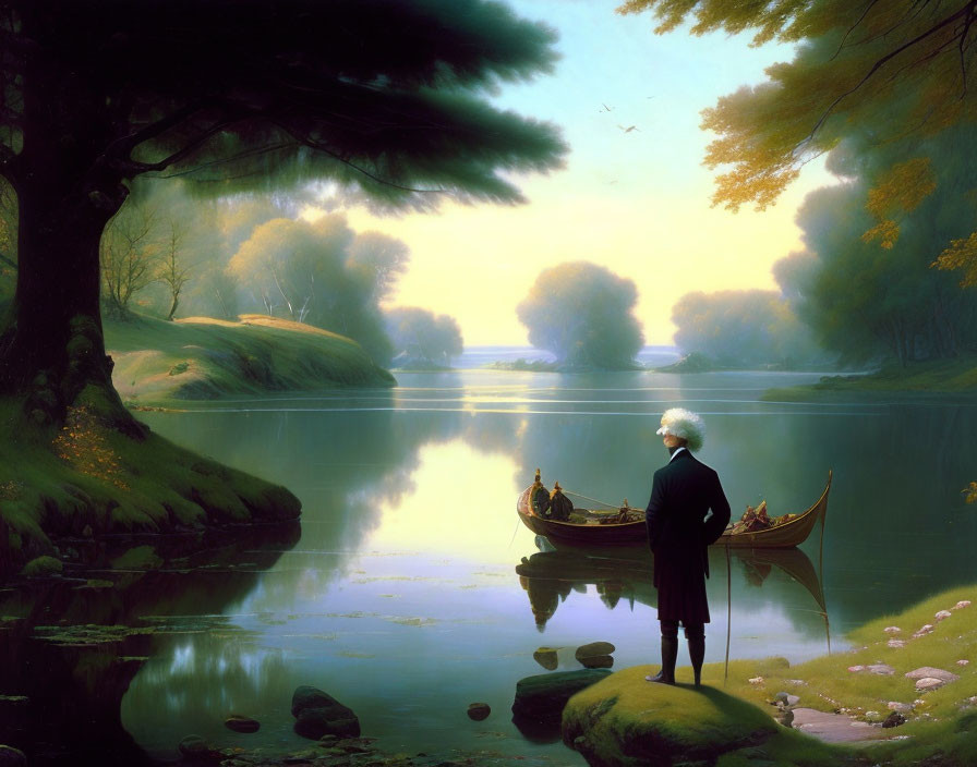 Elderly man by boat in serene lakeside landscape