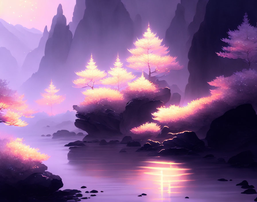 Mystical landscape with glowing pink cherry blossom trees