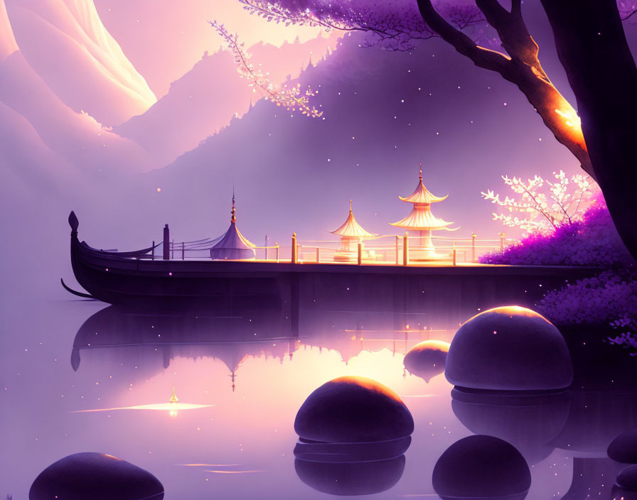 Purple-hued fantasy landscape with boat, pagoda, and blossoming trees reflected on water