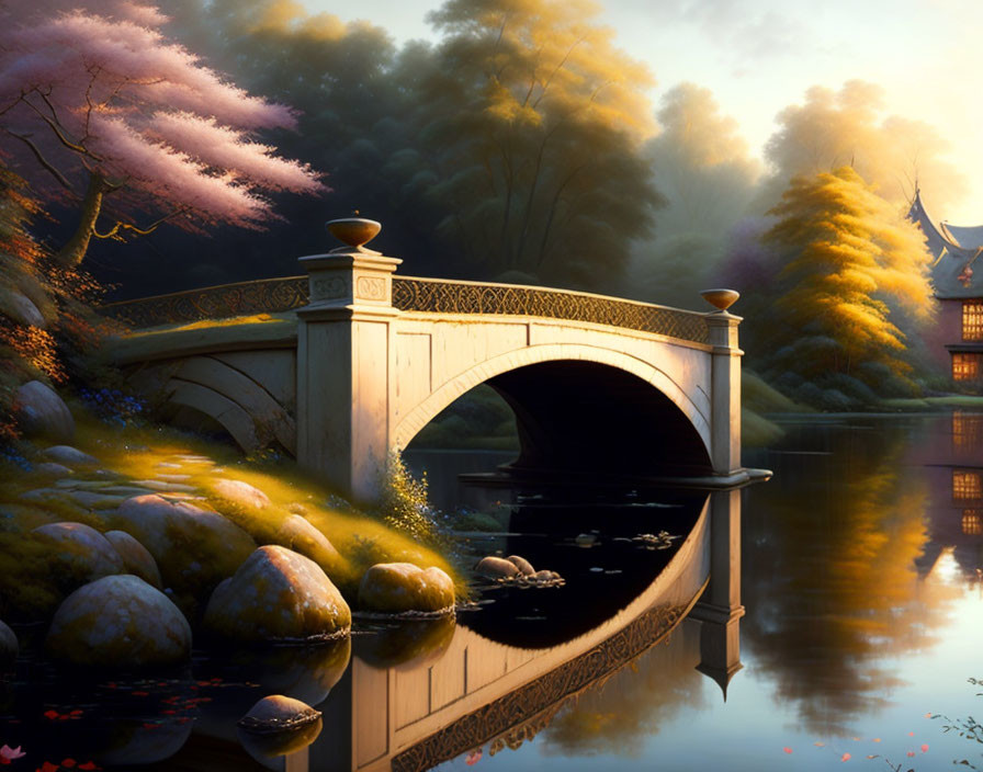 Stone Bridge Reflecting Trees and Traditional House at Dusk