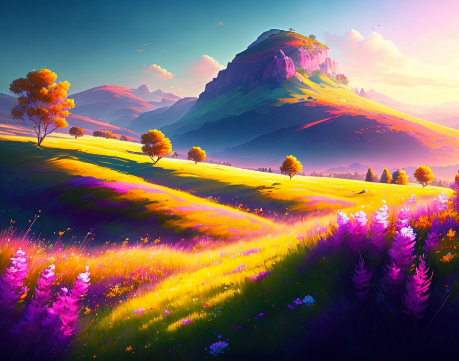 Colorful fantasy landscape with rolling hills, flowering fields, sunset sky, and sunlit mountain