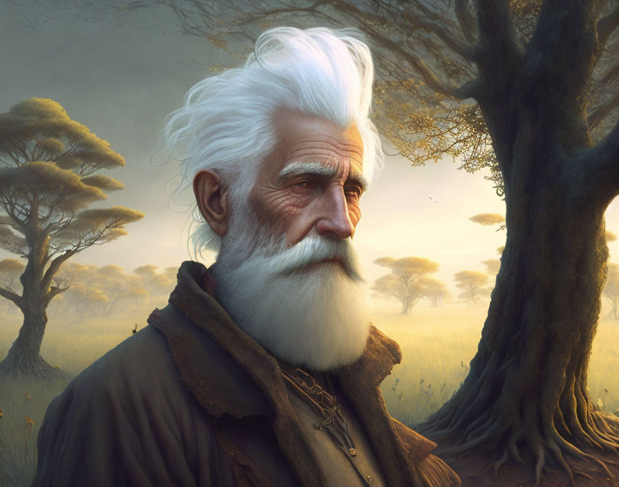 Elderly man with white beard in brown cloak on savannah landscape