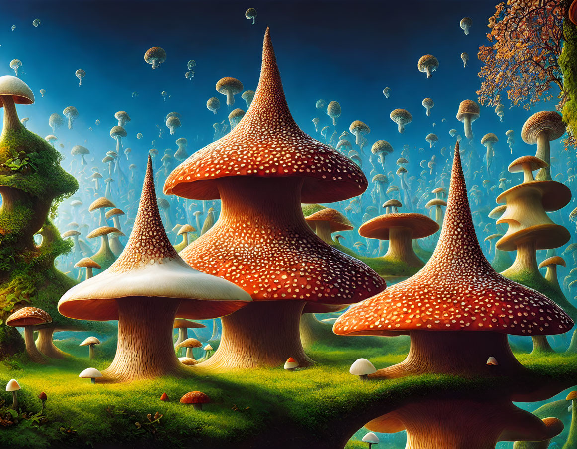 Fantasy landscape: Oversized mushrooms and floating jellyfish-like creatures at twilight