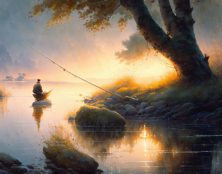 Tranquil sunrise fishing scene on calm lake