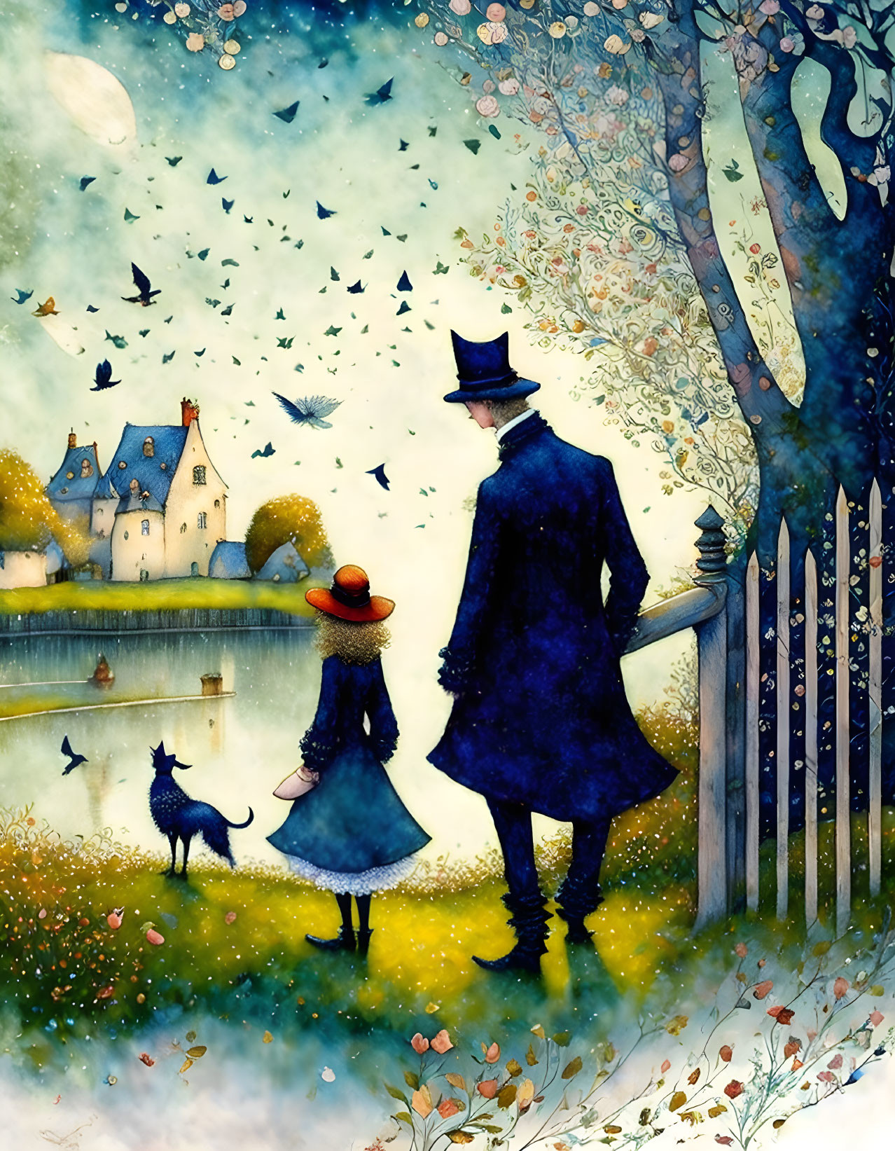 Victorian couple, cat, and nature scene with birds and quaint house across water