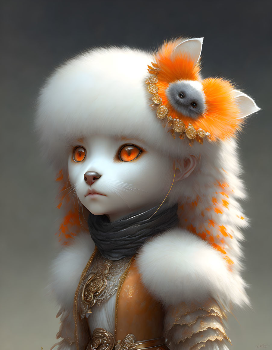 Anthropomorphic white cat digital art with gold jewelry and dark scarf