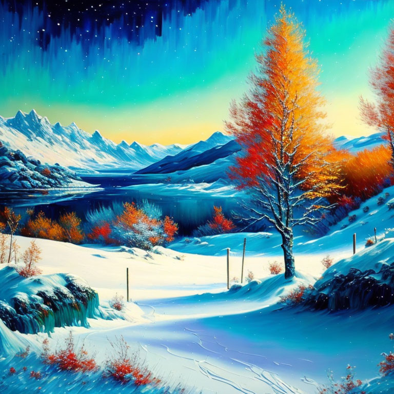 Winter landscape painting: snow-covered river, mountains, starry sky, solitary tree