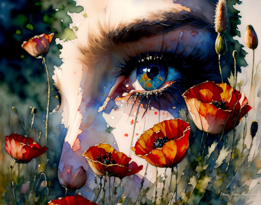 Detailed Watercolor Painting of Human Eye and Red Poppy Flowers on Green Background