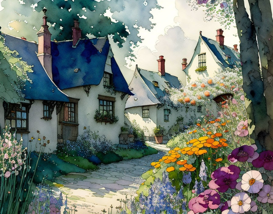 Picturesque village scene: cottages, flowers, cobblestone path, lush greenery.