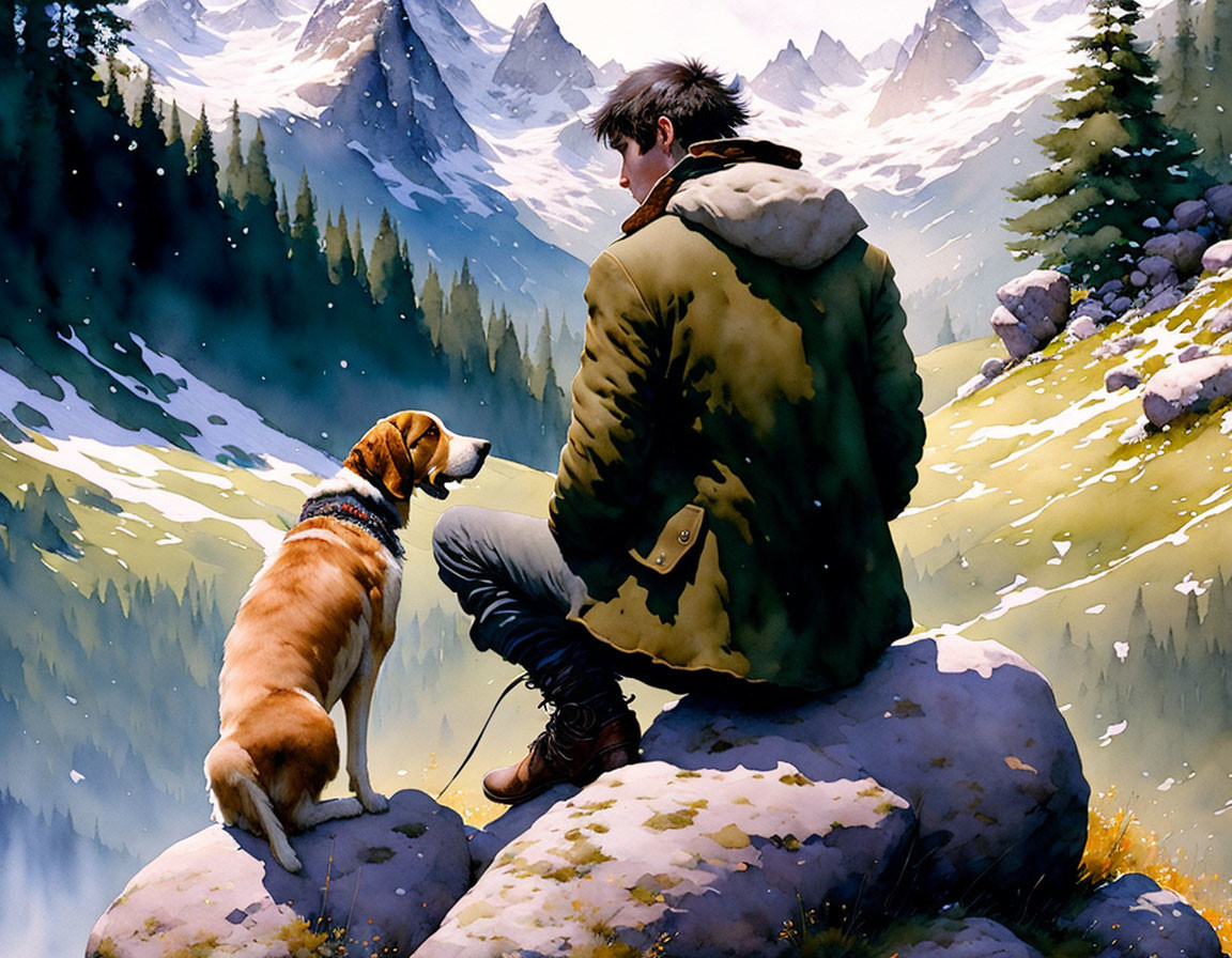 Man and dog on rock in serene mountain landscape