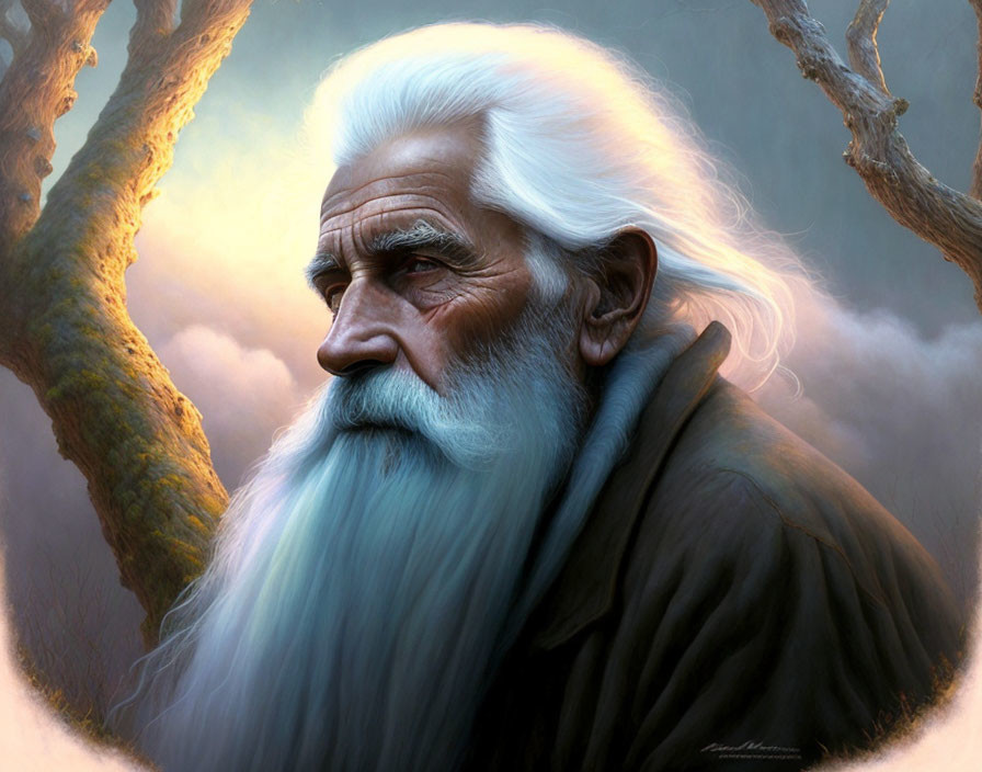 Elderly man portrait with flowing white beard and hair in forest setting