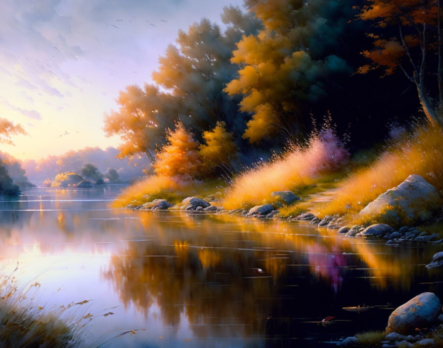 Tranquil autumn river scene with colorful foliage and sunset reflections