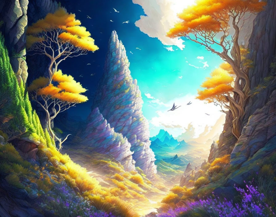 Colorful fantasy landscape with golden trees, towering rocks, lush grass, and birds under blue sky