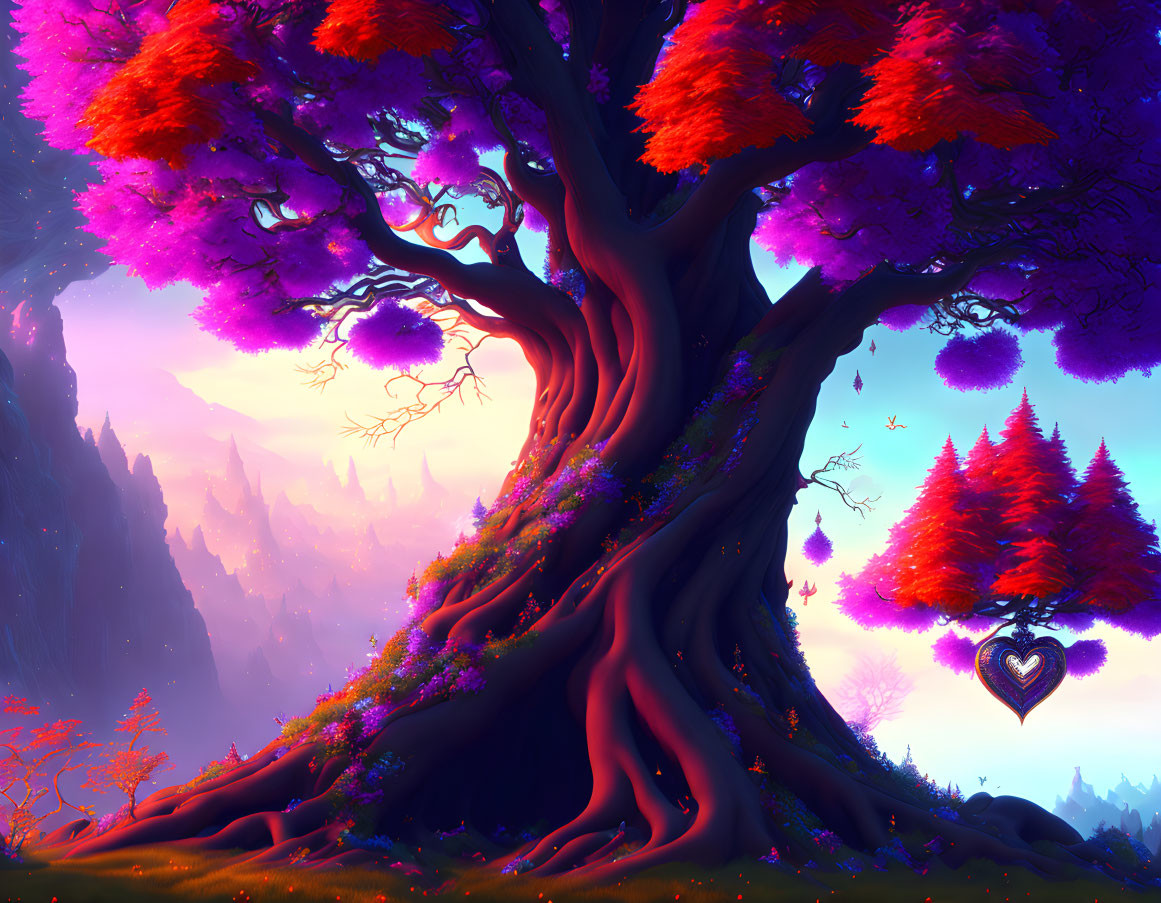 Vibrant purple and red fantasy landscape with heart-shaped swing