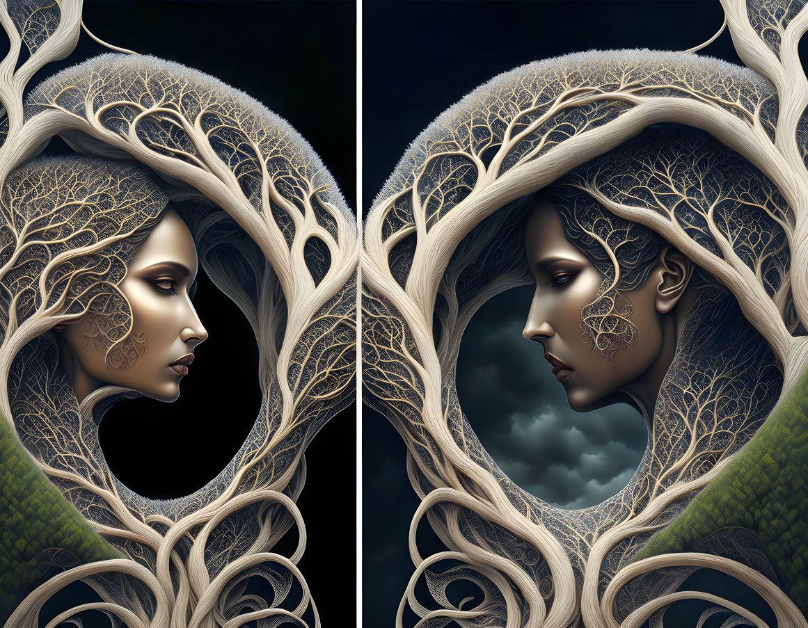 Symmetrical female profiles with tree branch hair in digital art