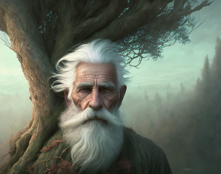 Elderly man with long white beard by ancient tree