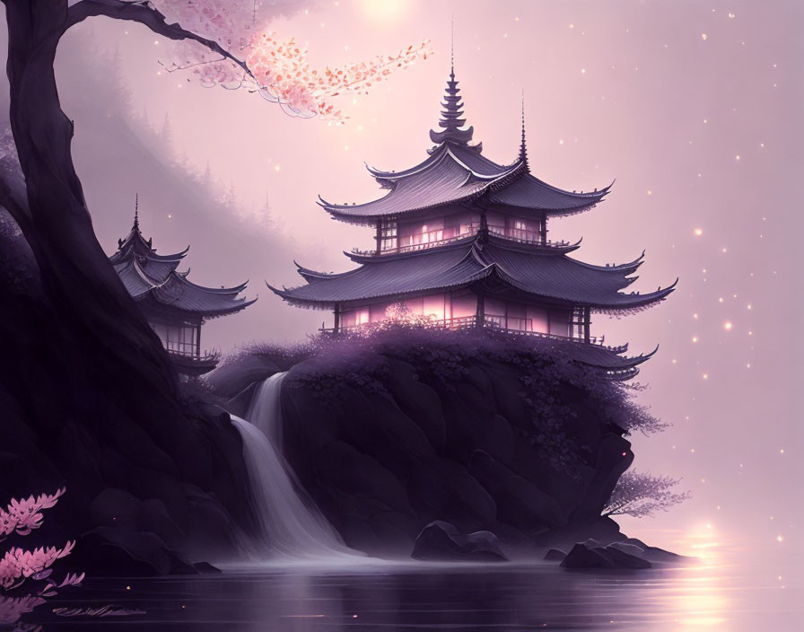 Ethereal pagoda illustration near waterfall with sakura trees in serene purple landscape