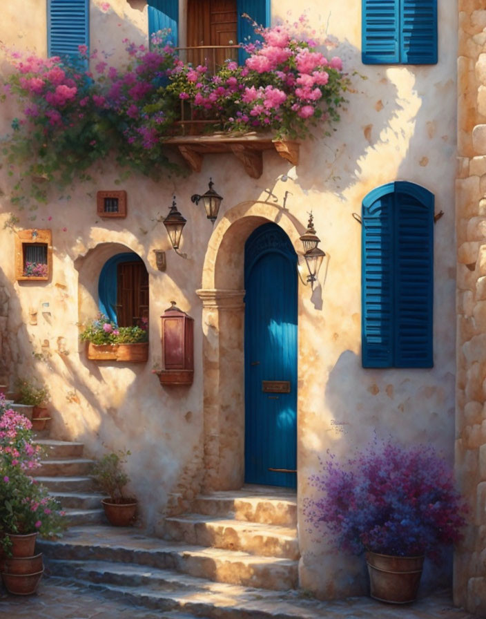 Stone house facade with blue door, shuttered windows, pink and purple flowers - warm light