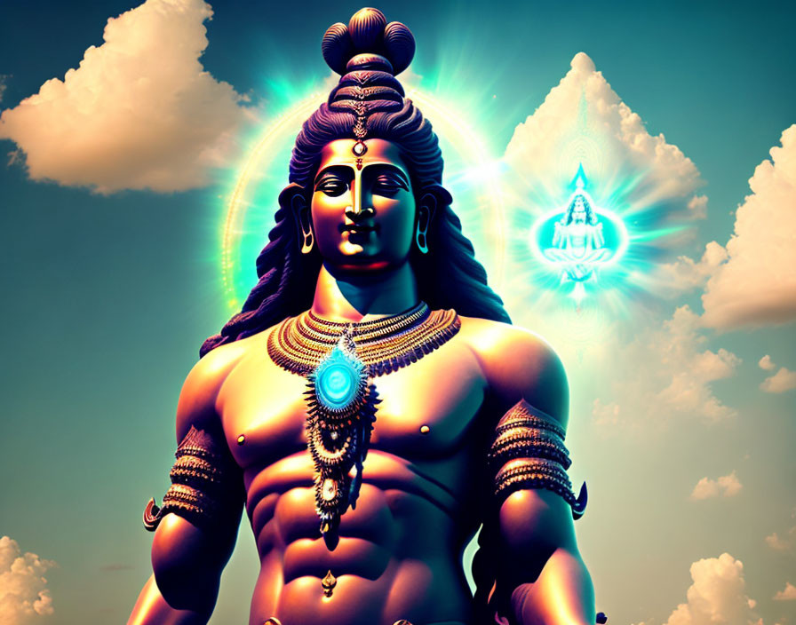 Digital art representation of a serene deity with multiple arms and traditional jewelry under a radiant symbol in a cloudy