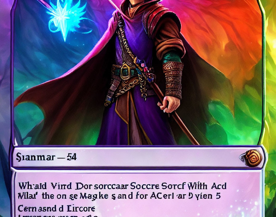 Colorful fantasy wizard with glowing staff in purple robe against magical backdrop