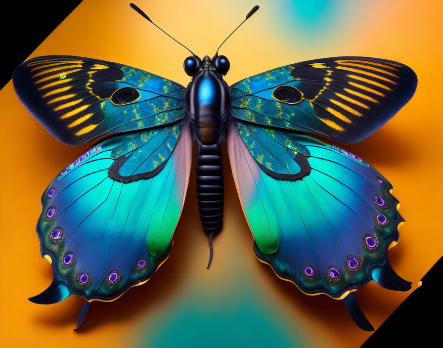 Colorful Butterfly with Blue and Yellow Wings on Orange and Teal Background