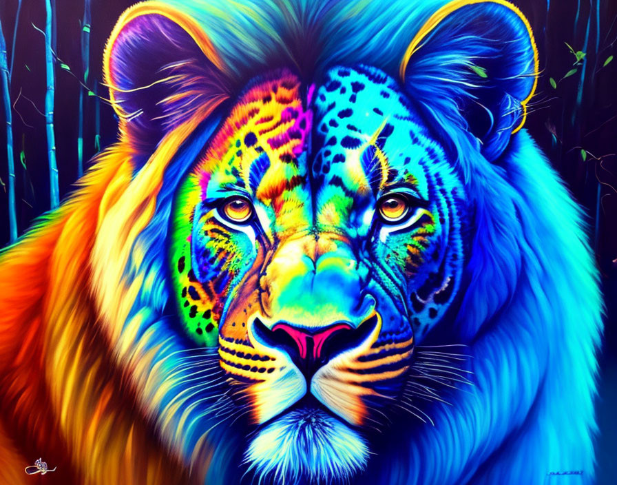 Colorful Lion Painting on Dark Background with Stalks