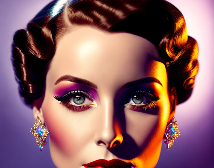 Vintage makeup woman portrait with defined eyebrows and colorful eyeshadow