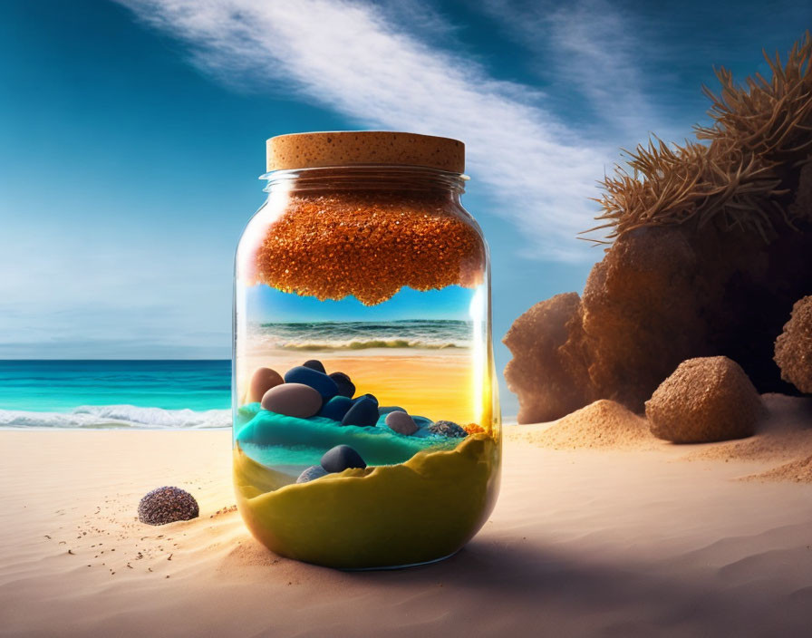 Surreal image: Jar with sand, pebbles, seascape, beach backdrop