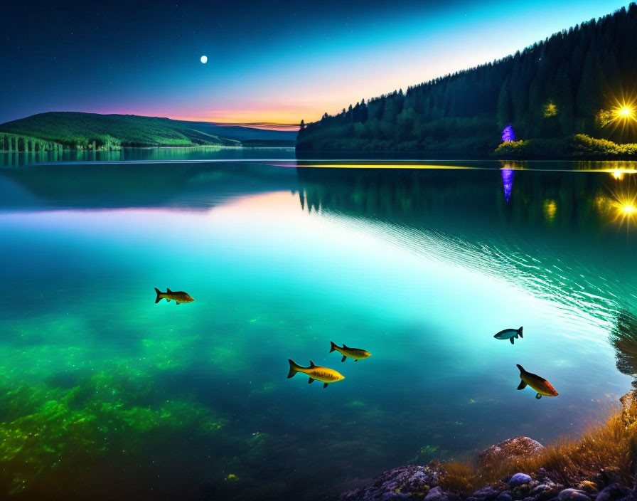 Moonlit lake with reflecting trees, fish, and starlit sky