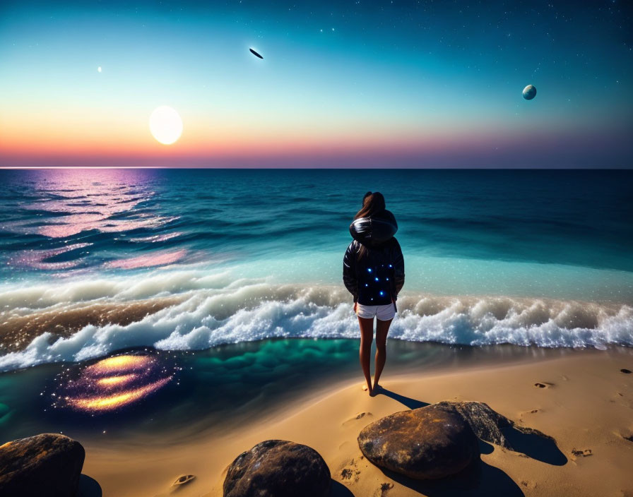 Person admiring surreal sky with stars, planets, and sun over calm sea