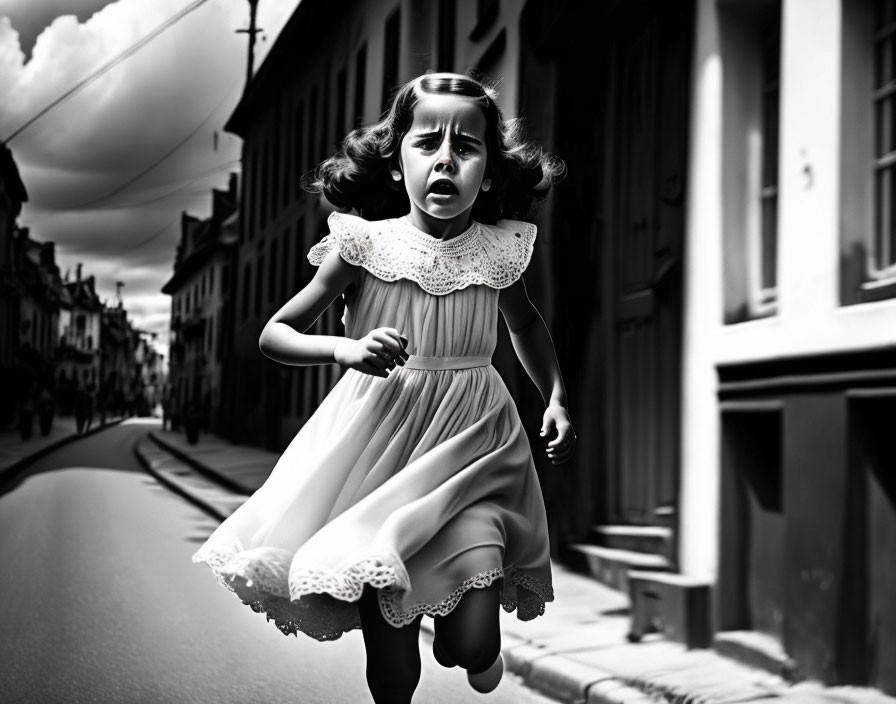 Young girl in vintage dress running with frightened expression on monochrome street