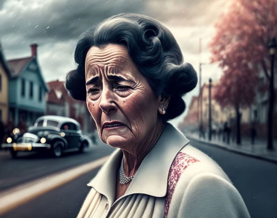 Digital painting of sad elderly woman in vintage street scene