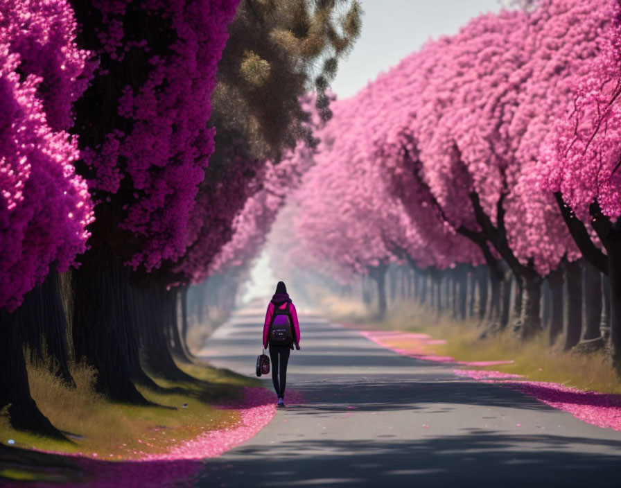 Person Walking Among Pink Cherry Blossoms in Bloom