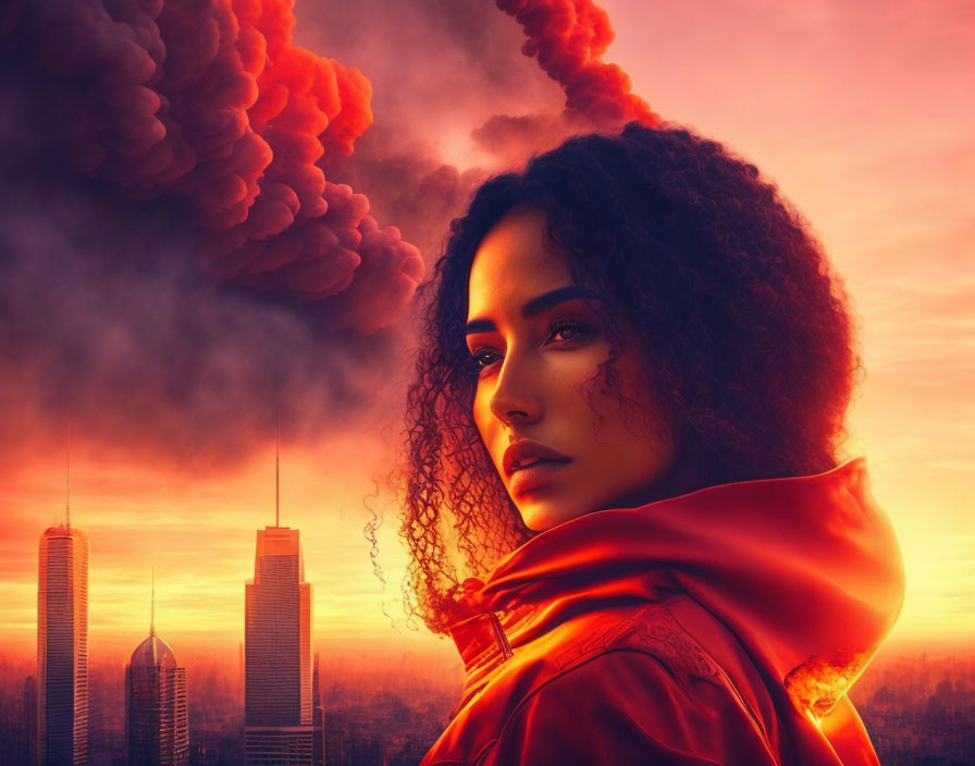 Curly-Haired Woman in Red Hooded Garment with Fiery Sky