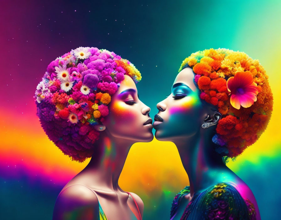 Colorful women with floral hair on rainbow backdrop