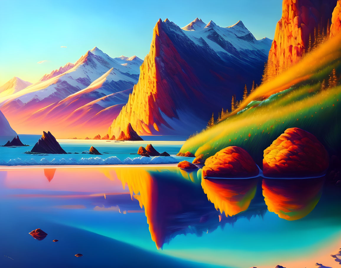 Scenic digital artwork of serene lake, mountain peaks, and fantastical flora