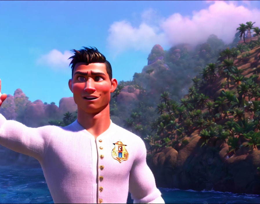 Dark-Haired Male Animated Character in White Jacket on Tropical Island