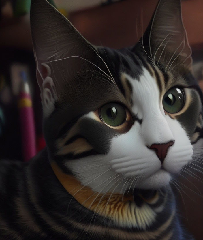 Striped cat with striking green eyes in close-up view