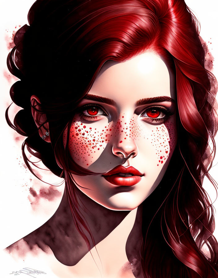 Red-haired woman with freckles in red and white color scheme