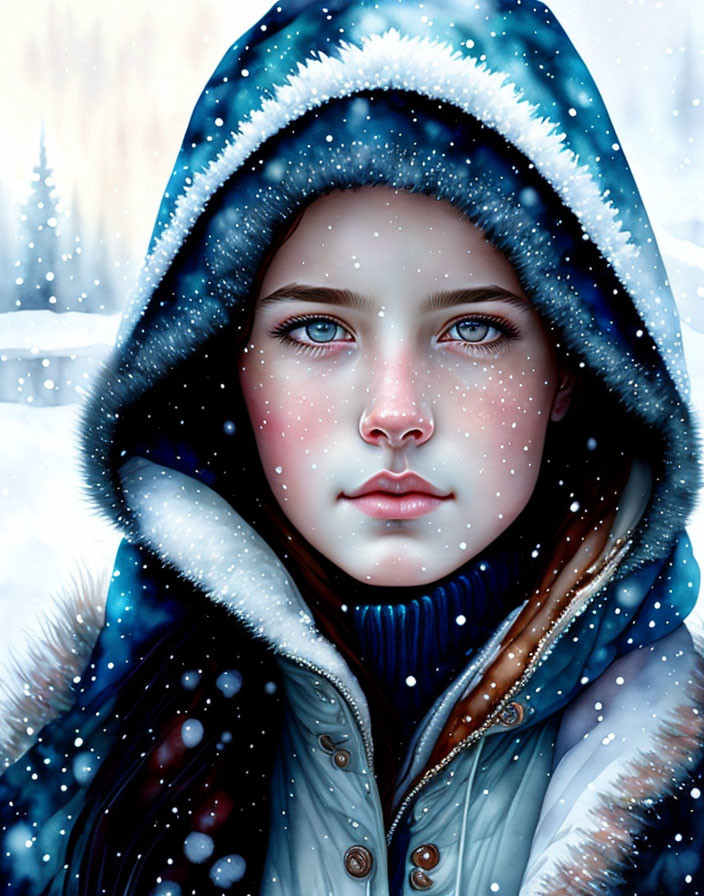 Digital painting of girl in blue winter coat with snowflakes, blue eyes, snowy backdrop