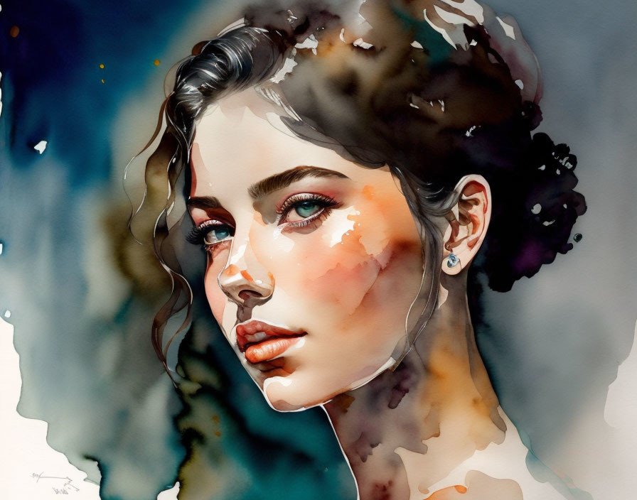 Vibrant watercolor painting of a woman with a thoughtful expression