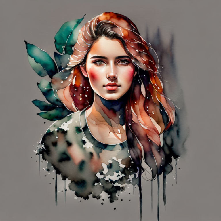 Colorful Watercolor Illustration of Woman with Leaf-Like Patterns